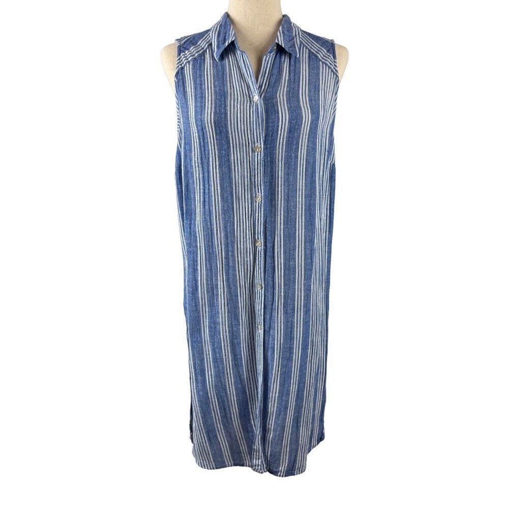 J. Jill Linen Blend Striped Sleeveless Button Up Tunic Top Blue Medium Coastal
